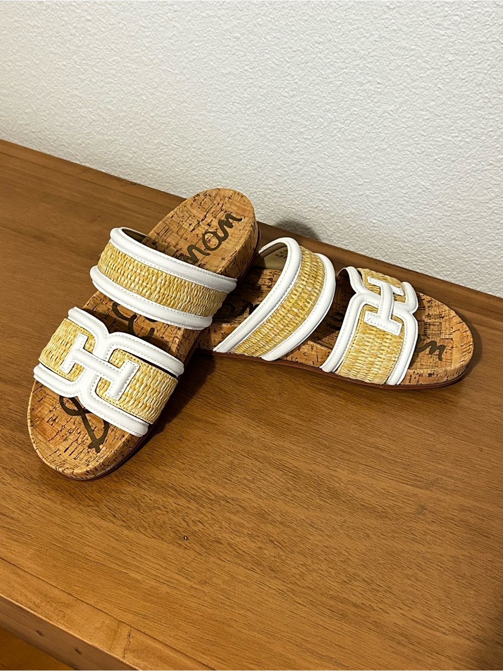 Sam Edelman White and Natural Straw Double Strap Slide Sandals - Picture 4 of 5